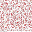 Pristine white fabric adorned with vibrant red snowflakes and elegant swirls, part of The Magic of Christmas collection designed by Lori Whitlock for Riley Blake Designs. The fabric is showcased to highlight its festive pattern.