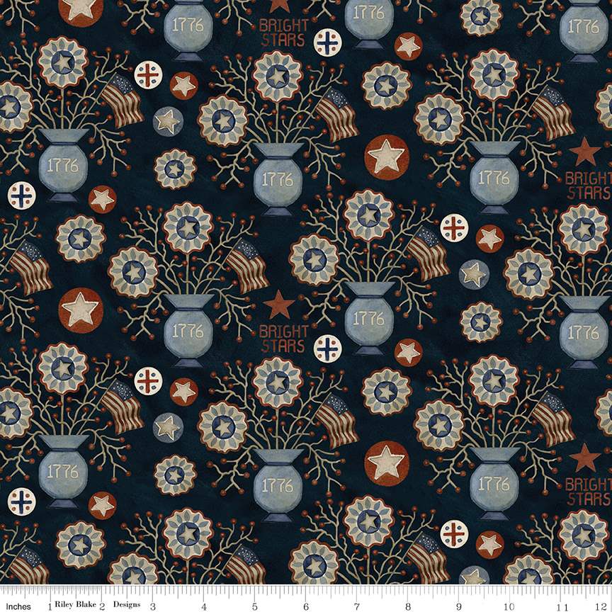 Bright Stars Vases Navy Fabric by Teresa Kogut for Riley Blake Designs has a navy background with scattered stars and vases filled with berries, American flags, and flowers with stars in the center