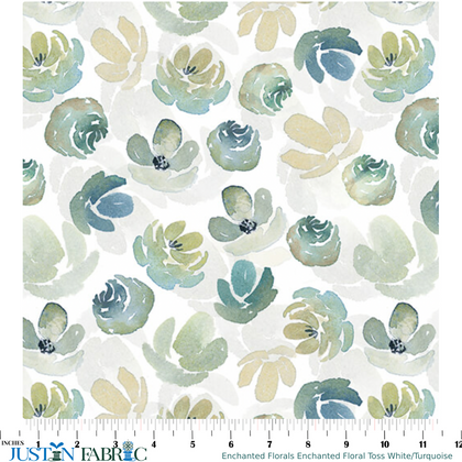 Enchanted Florals Enchanted Floral Toss White/Turquoise Yardage by Kristen Brockmon | Benartex