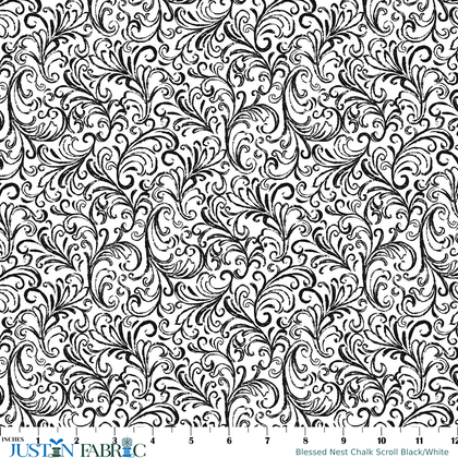 Blessed Nest Chalk Scroll Black/White Yardage by Shannon Roberts | Benartex