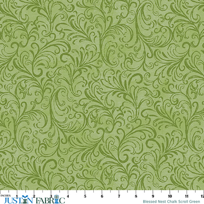 Blessed Nest Chalk Scroll Green Yardage by Shannon Roberts | Benartex