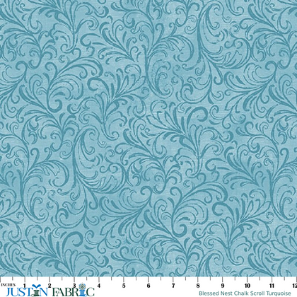 Blessed Nest Chalk Scroll Turquoise Yardage by Shannon Roberts | Benartex