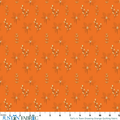 Fall's In Town Drawing Orange Quilting Fabric by Sandy Gervais