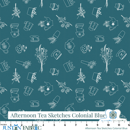 Afternoon Tea Sketches Colonial Blue Cotton Yardage by Beverly McCullough | Riley Blake Designs