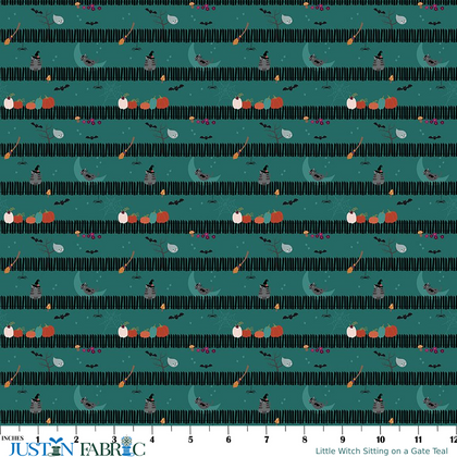 Little Witch Sitting on a Gate Teal Yardage by Jennifer Long | Riley Blake Designs