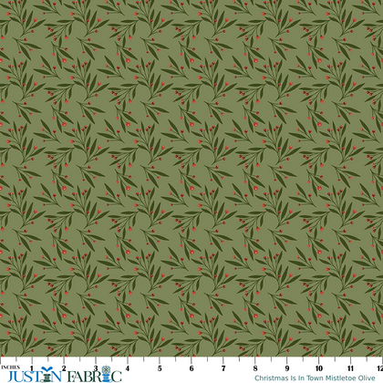 Christmas Is In Town Mistletoe Olive Yardage by Sandy Gervais | Riley Blake Designs