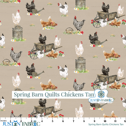 Spring Barn Quilts Chickens Tan Cotton Yardage by Tara Reed | Riley Blake Designs