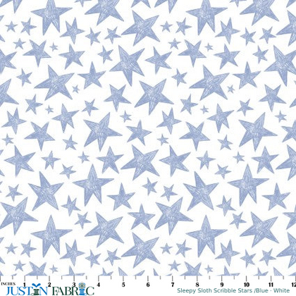 Sleepy Sloth Scribble Stars White/Blue Cotton Yardage by Debbie Monson | P&B Textiles