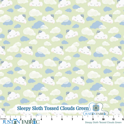 Sleepy Sloth Tossed Clouds Green Cotton Yardage by Debbie Monson | P&B Textiles