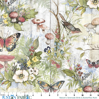 Nature's Serenade Birds & Butterflies Multi Yardage by Susan Winget | White Owl Textiles