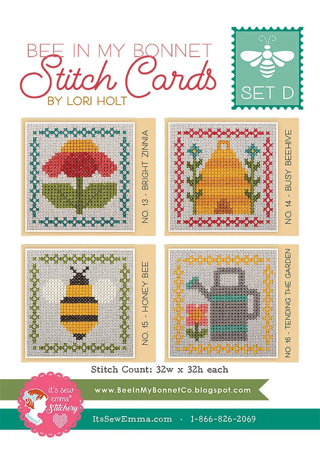 Bee in my Bonnet Stitch Cards Set D Cross Stitch Pattern by Lori Holt | It's Sew Emma #ISE-413 front cover