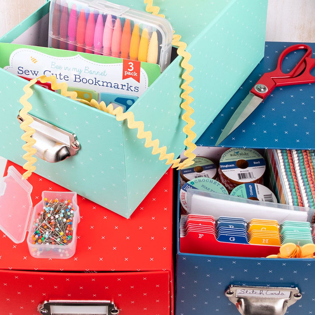 Lori Holt Teal Stitch Card Box by Bee in my Bonnet | It's Sew Emma - Teal, Red, and Blue Boxes in use