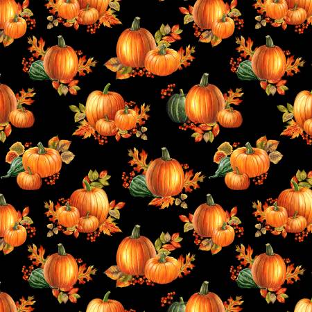 Autumn Elegance Pumpkin Allover Metallic Black Yardage| SKU: 1669M-12 -1669M-12 - Justin Fabric!