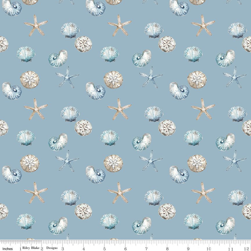 Blue Escape Coastal Shell Toss Blue Cotton Yardage by Lisa Audit | Riley Blake Designs -C14513-BLUE - Justin Fabric!