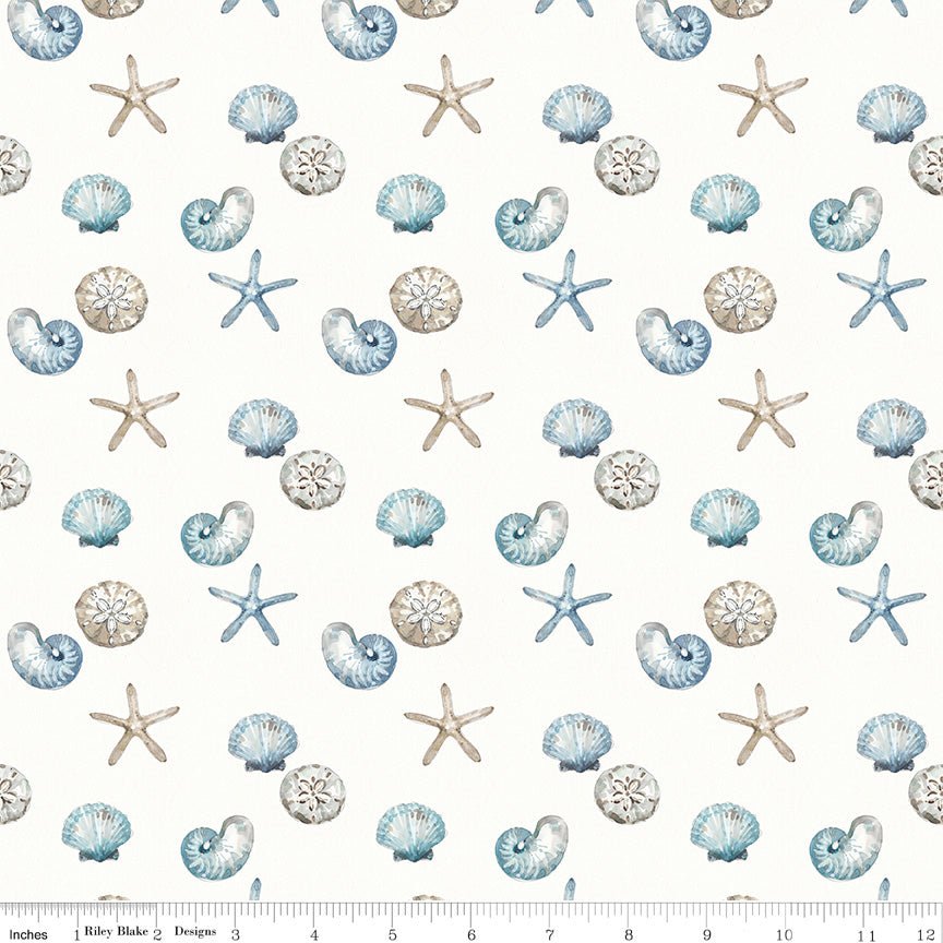 Blue Escape Coastal Shell Toss Off White Cotton Yardage by Lisa Audit | Riley Blake Designs -C14513-OFFWHITE - Justin Fabric!