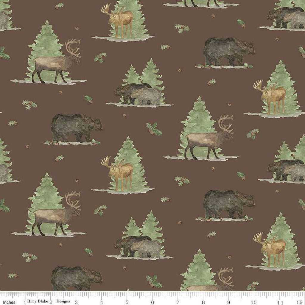 Let's Get Lost in the Woods Main Brown Fabric by Tara Reed | Riley Blake Designs with scattered Bears, Elk, Deer, Trees, Acorns and Oak Leaves 