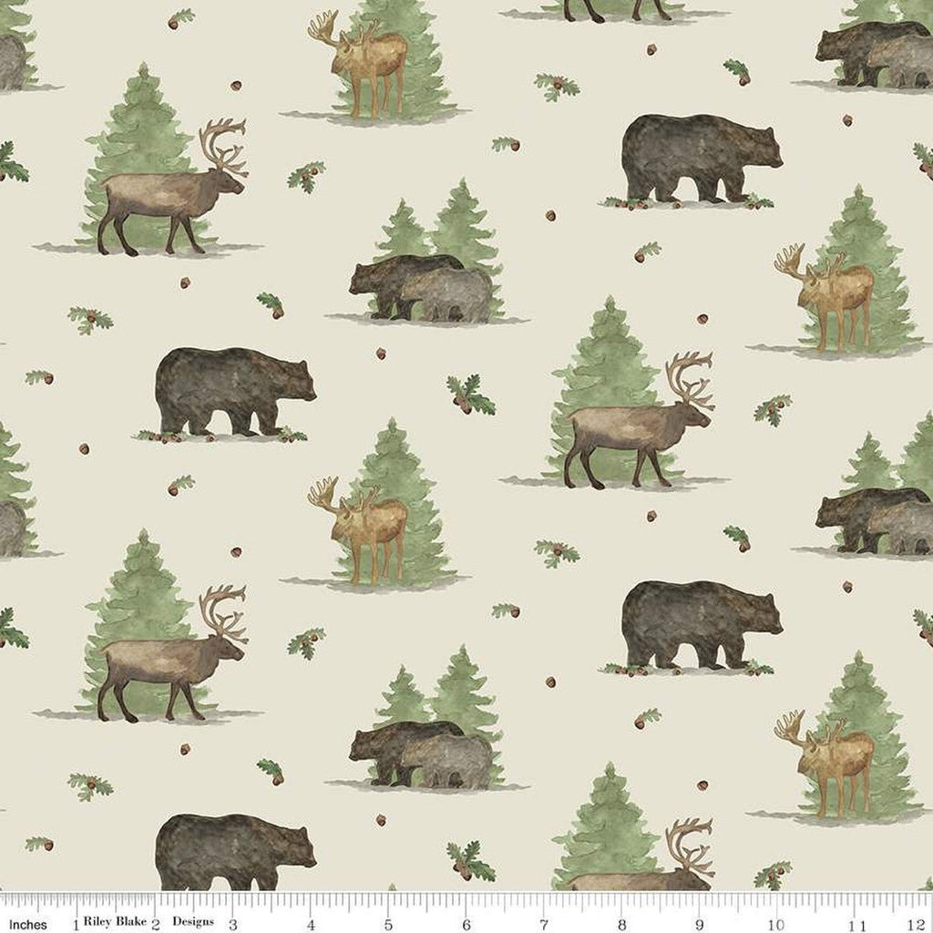Let's Get Lost in the Woods Main Off White Fabric by Tara Reed | Riley Blake Designs with scattered Bears, Elk, Deer, Trees, Acorns and Oak Leaves 