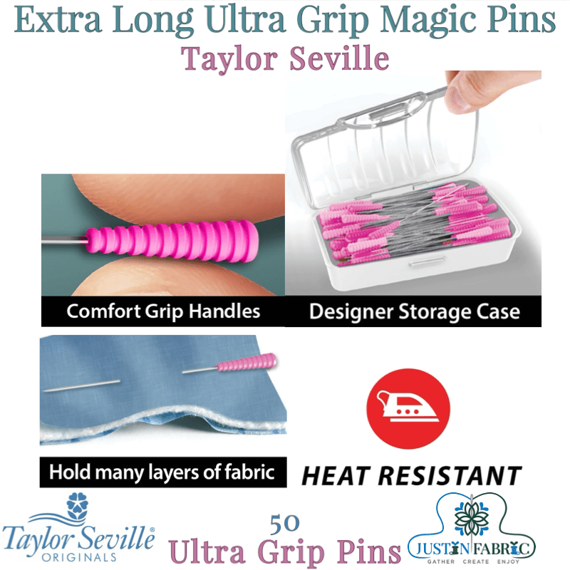 Taylor Seville Extra Long Ultra Grip Magic Pins - 50 Regular 0.6mm 2.25 Inch Heat Resistant Pins with Designer Storage Case -TSO220047 - Justin Fabric!