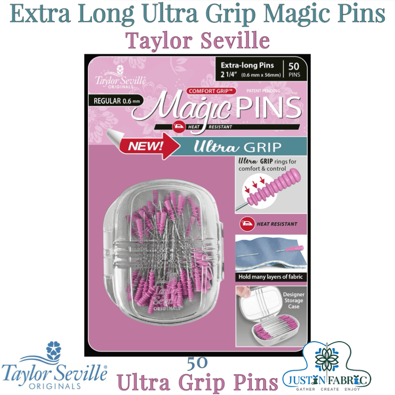 Taylor Seville Extra Long Ultra Grip Magic Pins - 50 Regular 0.6mm 2.25 Inch Heat Resistant Pins with Designer Storage Case -TSO220047 - Justin Fabric!