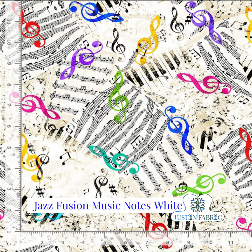 Jazz Fusion Music Notes White Yardage | SKU: CD2233-WHITE -CD2233-WHITE - Justin Fabric!