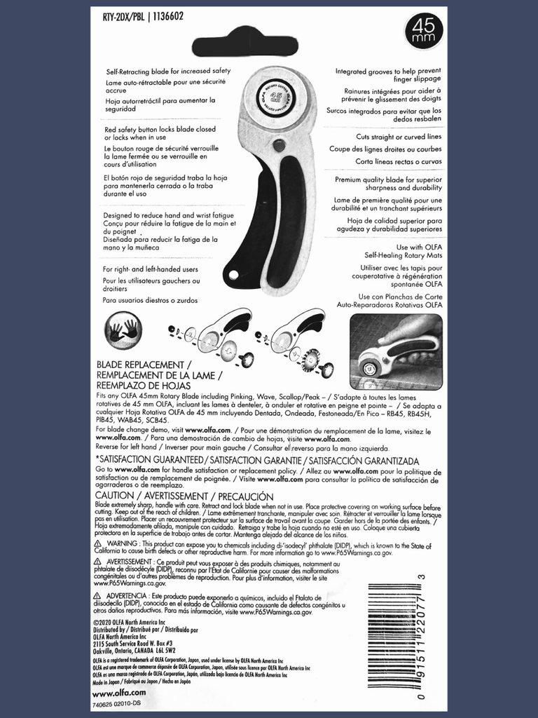 Olfa 45mm Deluxe Rotary Cutter SKU RTY2DXPBL Justin Fabric