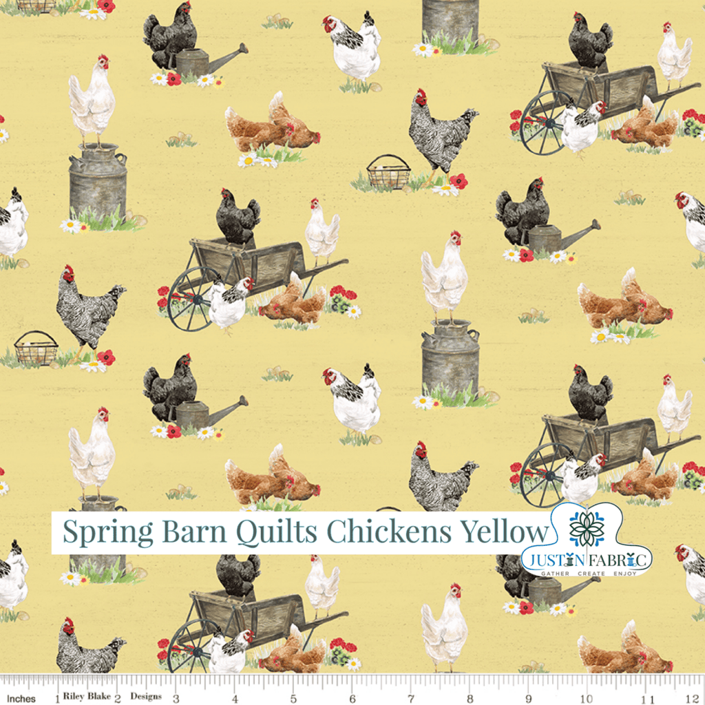 Spring Barn Quilts Chickens Yellow Yardage| SKU: CD14331-YELLOW Pre-order (January 2024) -CD14331-YELLOW - Justin Fabric!