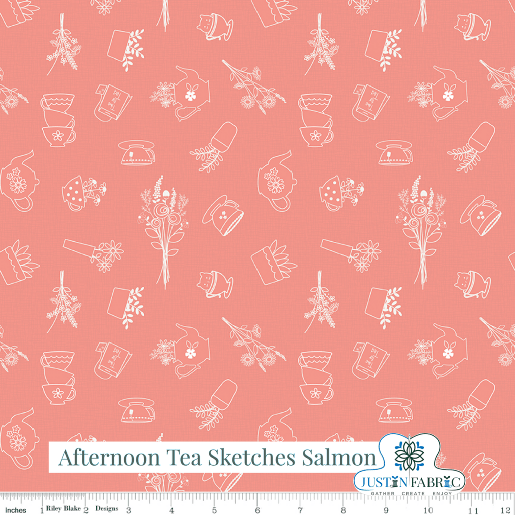 Afternoon Tea Sketches Salmon Yardage | SKU: C14031-SALMON -C14031-SALMON - Justin Fabric!