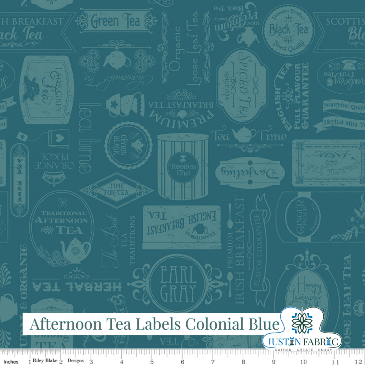 Afternoon Tea Labels Colonial Blue Yardage | SKU: C14032-COLBLUE -C14032-COLBLUE - Justin Fabric!