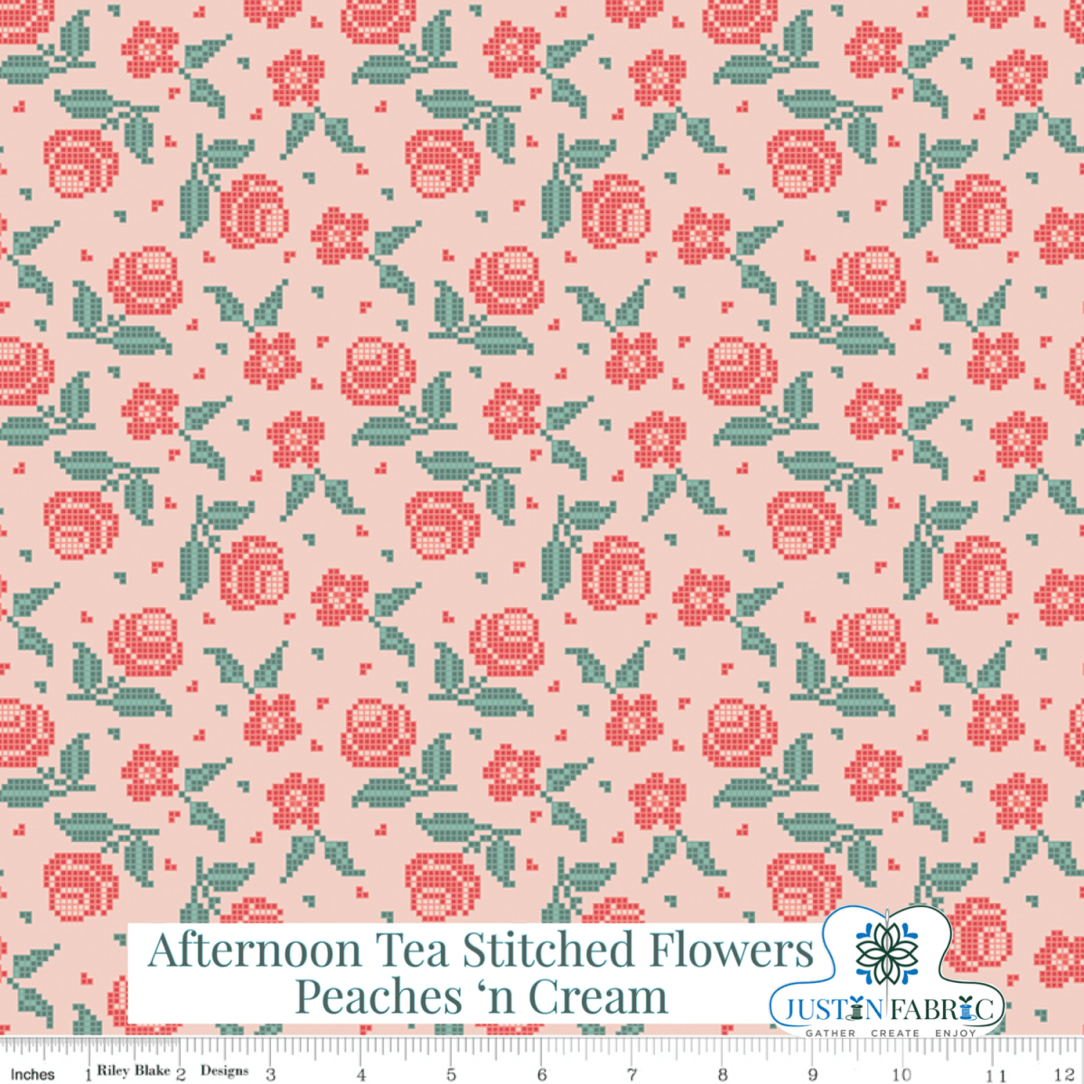 Afternoon Tea Stitched Flowers Peaches 'n Cream Yardage | SKU: C14033-PEACHES -C14033-PEACHES - Justin Fabric!