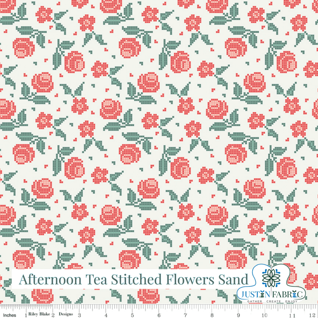 Afternoon Tea Stitched Flowers Sand Yardage | SKU: C14033-SAND -C14033-SAND - Justin Fabric!