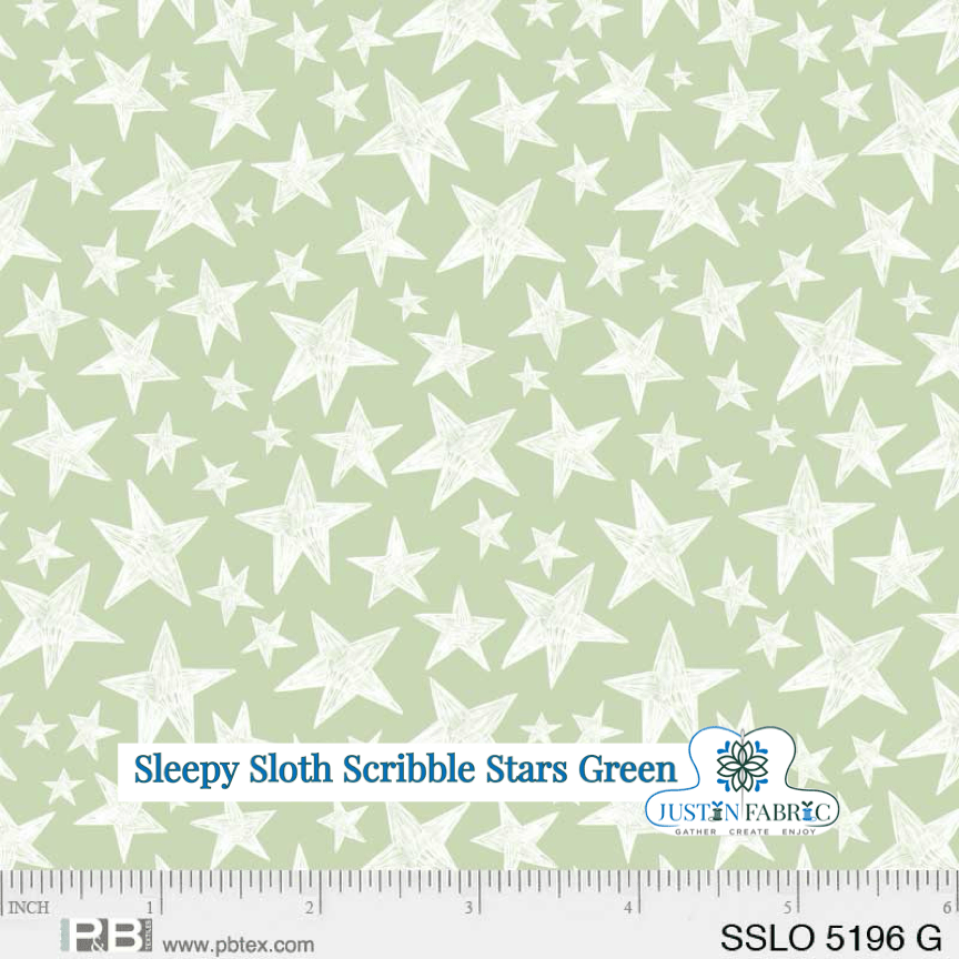 Sleepy Sloth Scribble Stars Green Yardage | SKU: SSLO5196-G -SSLO5196-G - Justin Fabric!