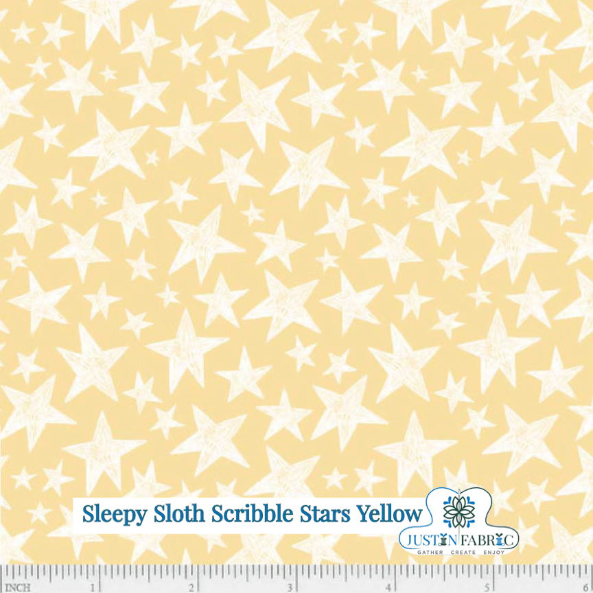 Sleepy Sloth Scribble Stars Yellow Yardage | SKU: SSLO5196-Y -SSLO-5196Y - Justin Fabric!