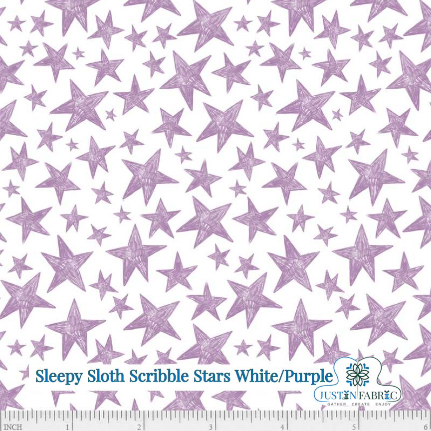 Sleepy Sloth Scribble Stars White/Purple Yardage | SKU: SSLO5196-WC -SSLO-5196WC - Justin Fabric!