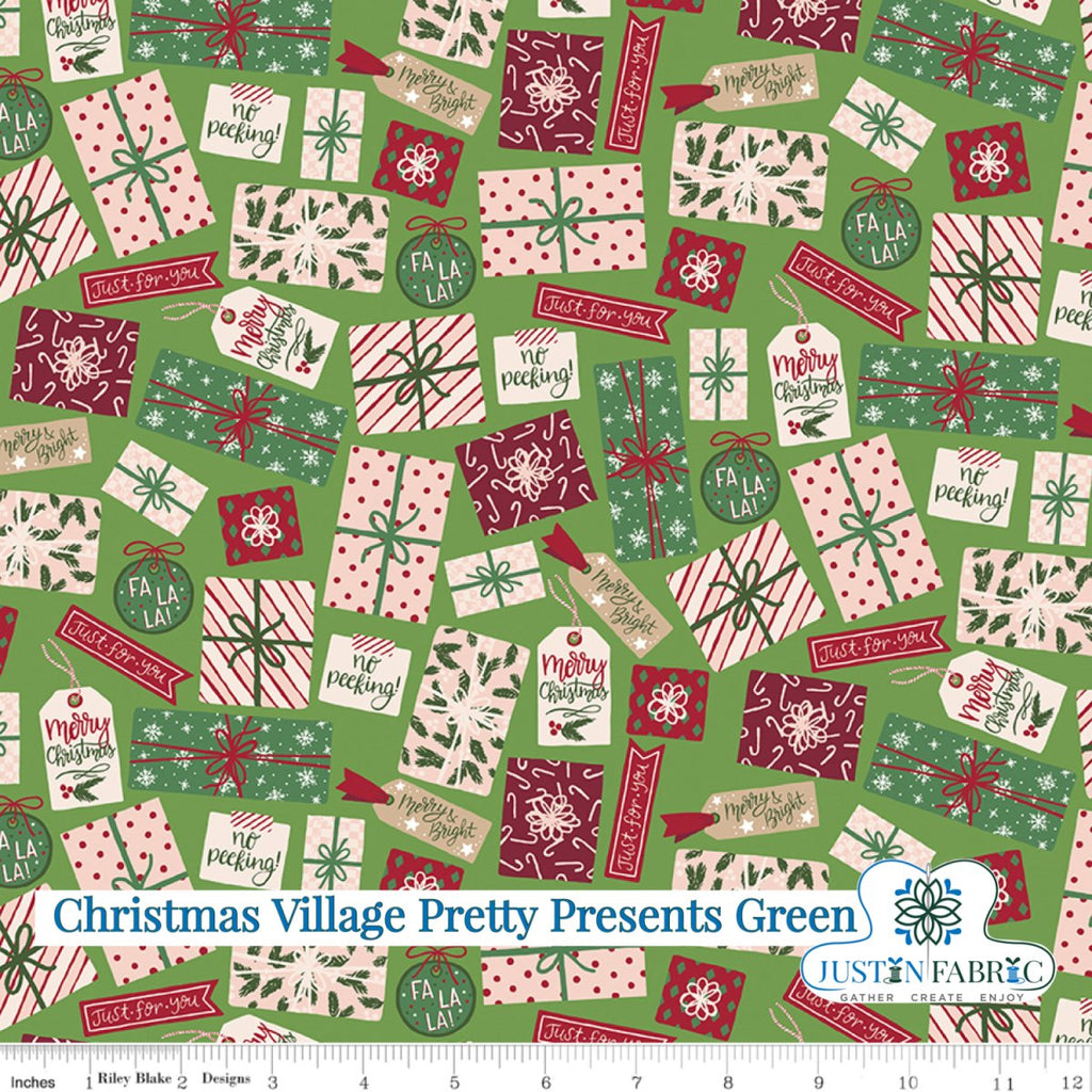 Christmas Village Pretty Presents Green Cotton Fabric by Katherine Lenius | SKU: C12243-GREEN -C12243-GREEN - Justin Fabric!