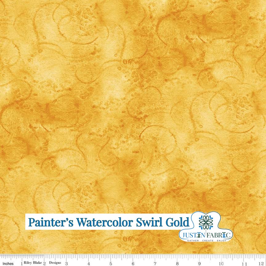 Painter’s Watercolor Swirl Gold Yardage by J. Wecker Frisch | Riley Blake Designs, SKU: C680-GOLD -C680-GOLD-1/4 - Justin Fabric!
