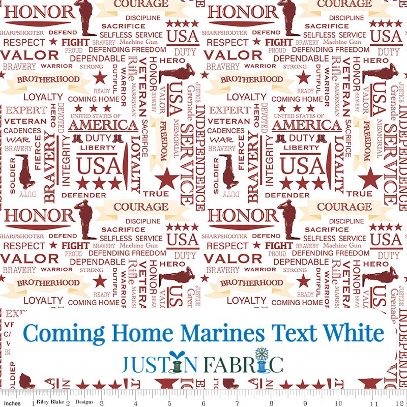 Coming Home Marines Text White Cotton Yardage by Vicki Gifford | Riley Blake Designs SKU: C14431-WHITE. White background with red text and red marines saluting 