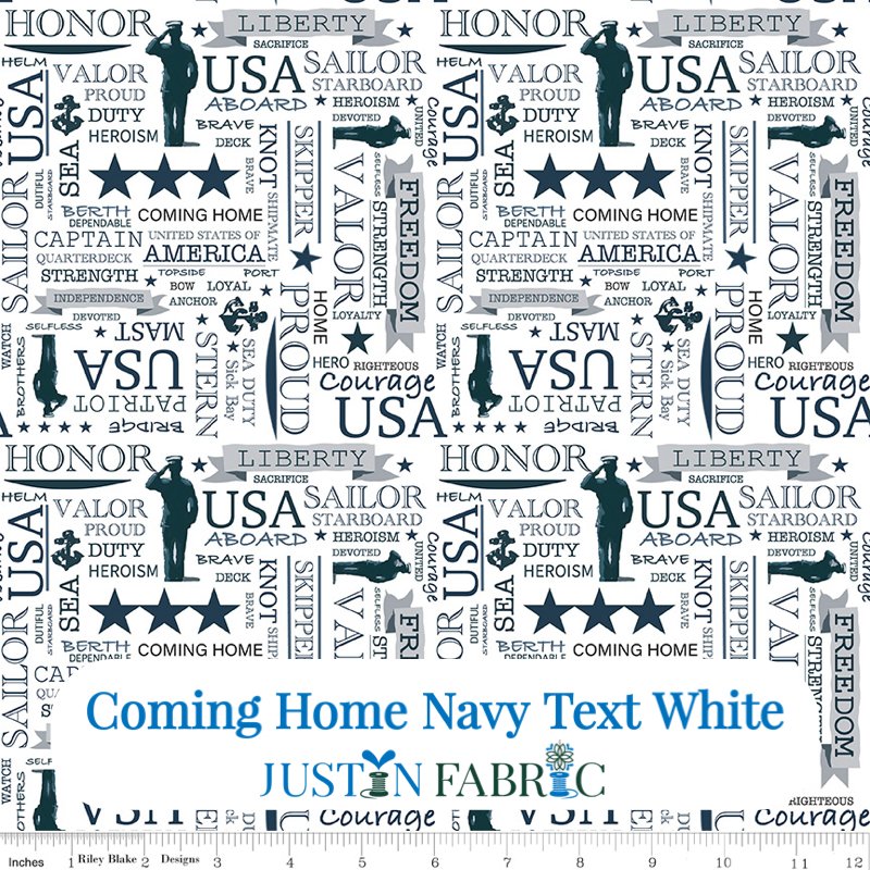 Coming Home Navy Text White Cotton Yardage by Vicki Gifford | Riley Blake Designs C14433-WHITE - White background fabric with dark blue Sailors saluting, Stars, and words used in the navy in printed text. 