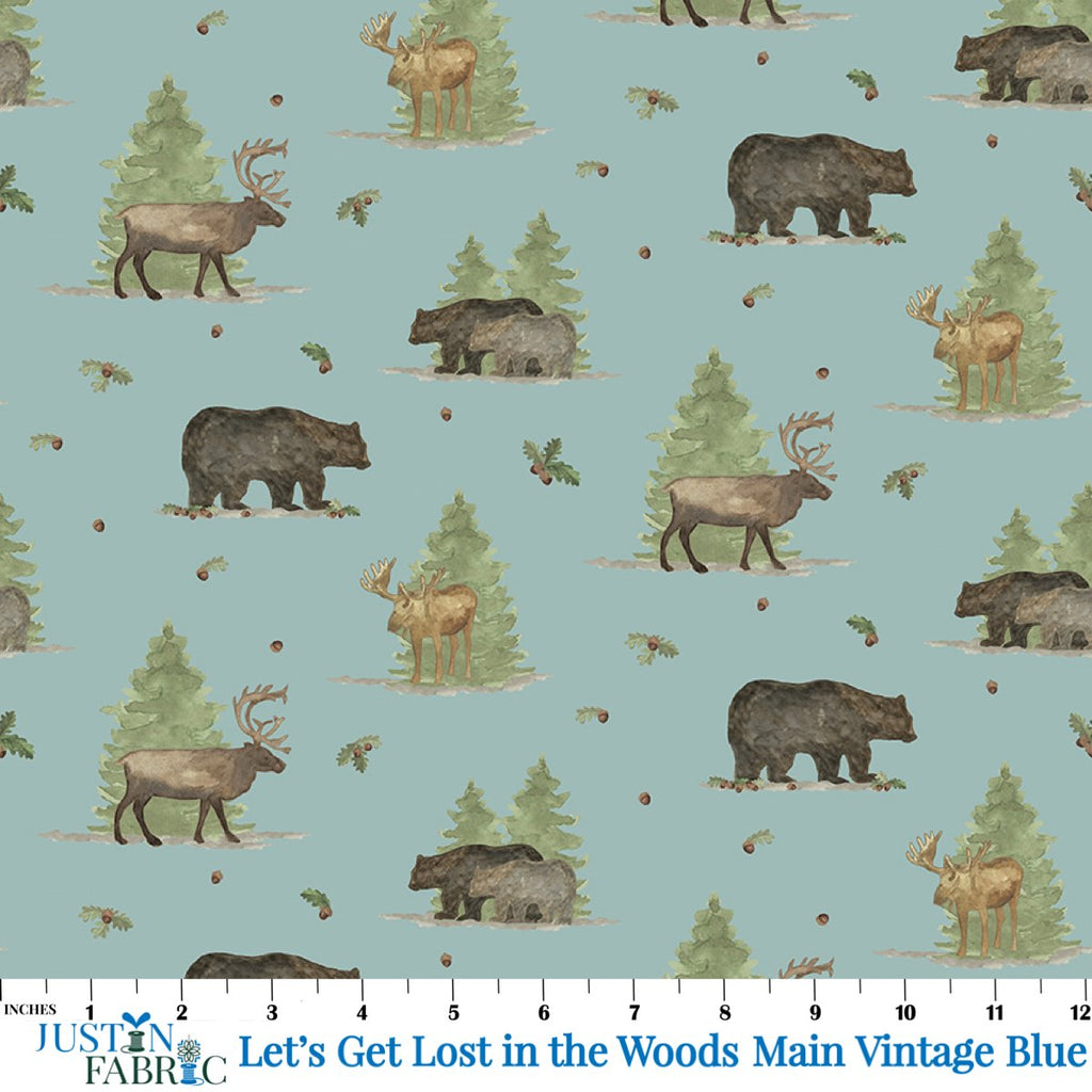 Let's Get Lost in the Woods Main Vintage Blue Yardage by Tara Reed | Riley Blake Designs with scattered Bears, Elk, Deer, Trees, Acorns and Oak Leaves 