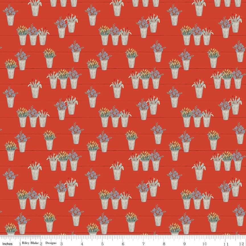 Farmhouse Summer Red Flower Pots Yardage | SKU: C13633-RED -C13633-RED - Justin Fabric!