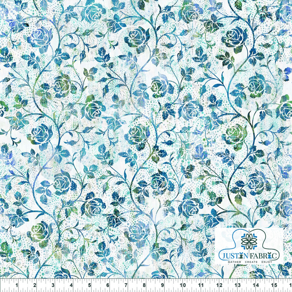 Halcyon II Roses Blue by Jason Yenter for In The Beginning Fabrics - Justin Fabric!