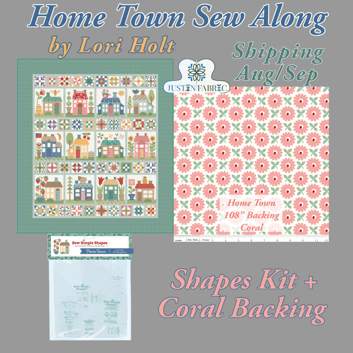 Home Town Sew Along Quilt Kit by Lori Holt | Riley Blake Designs -HOMETOWN-SHAPES+BACK-CORAL - Justin Fabric!