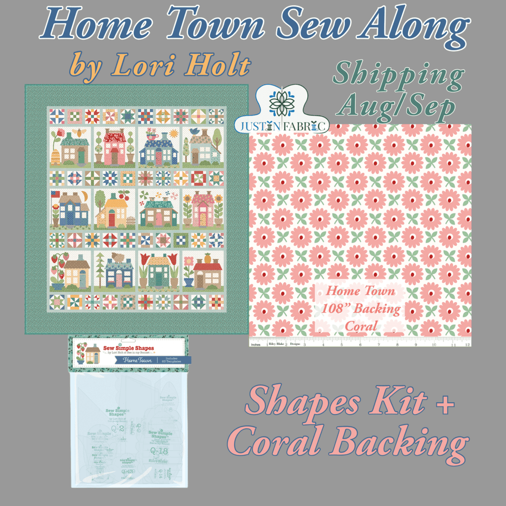 Home Town Sew Along Quilt Kit by Lori Holt | Riley Blake Designs -HOMETOWN-SHAPES+BACK-CORAL - Justin Fabric!