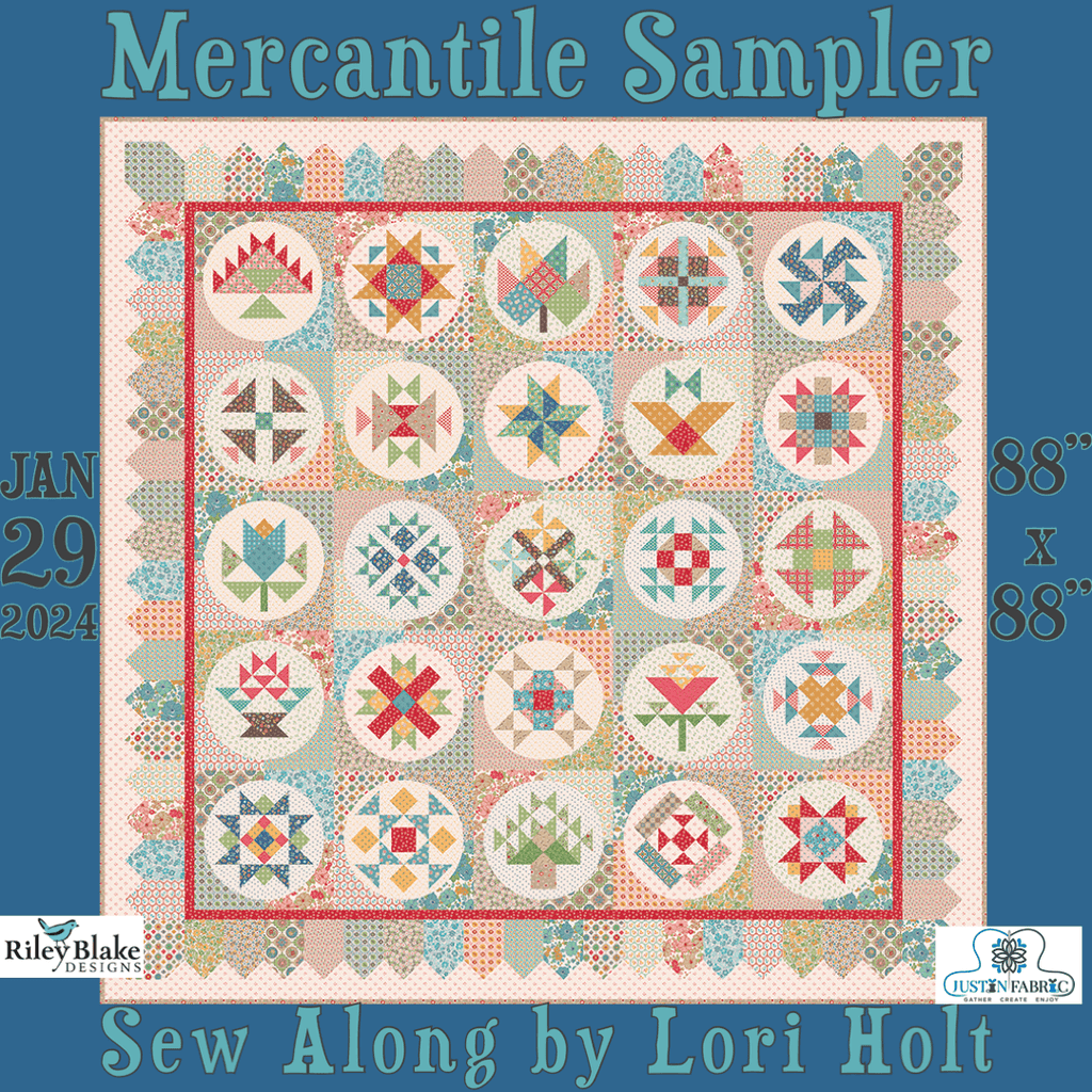 Mercantile Sampler Sew Along Quilt Kit by Lori Holt at www.justinfabric.com