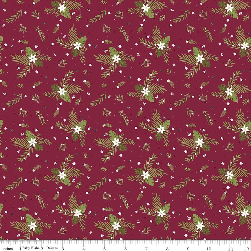 Silent Night Olive Branch Berry Sparkle Yardage | SKU: SC13572-BERRY -SC13572-BERRY - Justin Fabric!