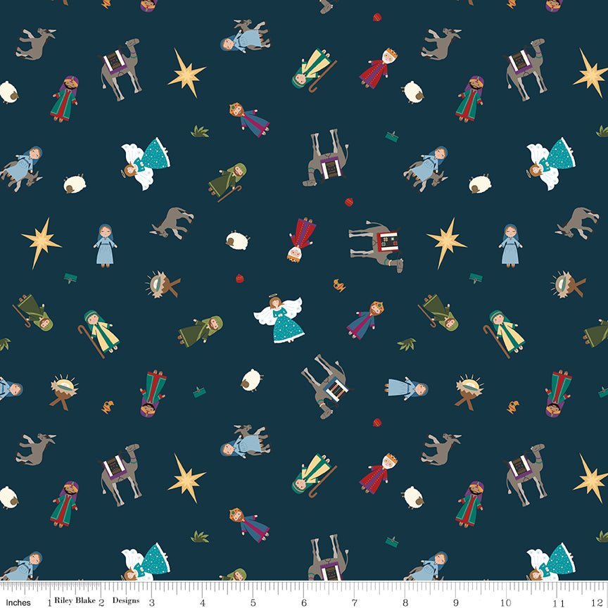 Silent Night Story Characters Midnight Sparkle Yardage | SKU: SC13571-MIDNIGHT -SC13571-MIDNIGHT - Justin Fabric!